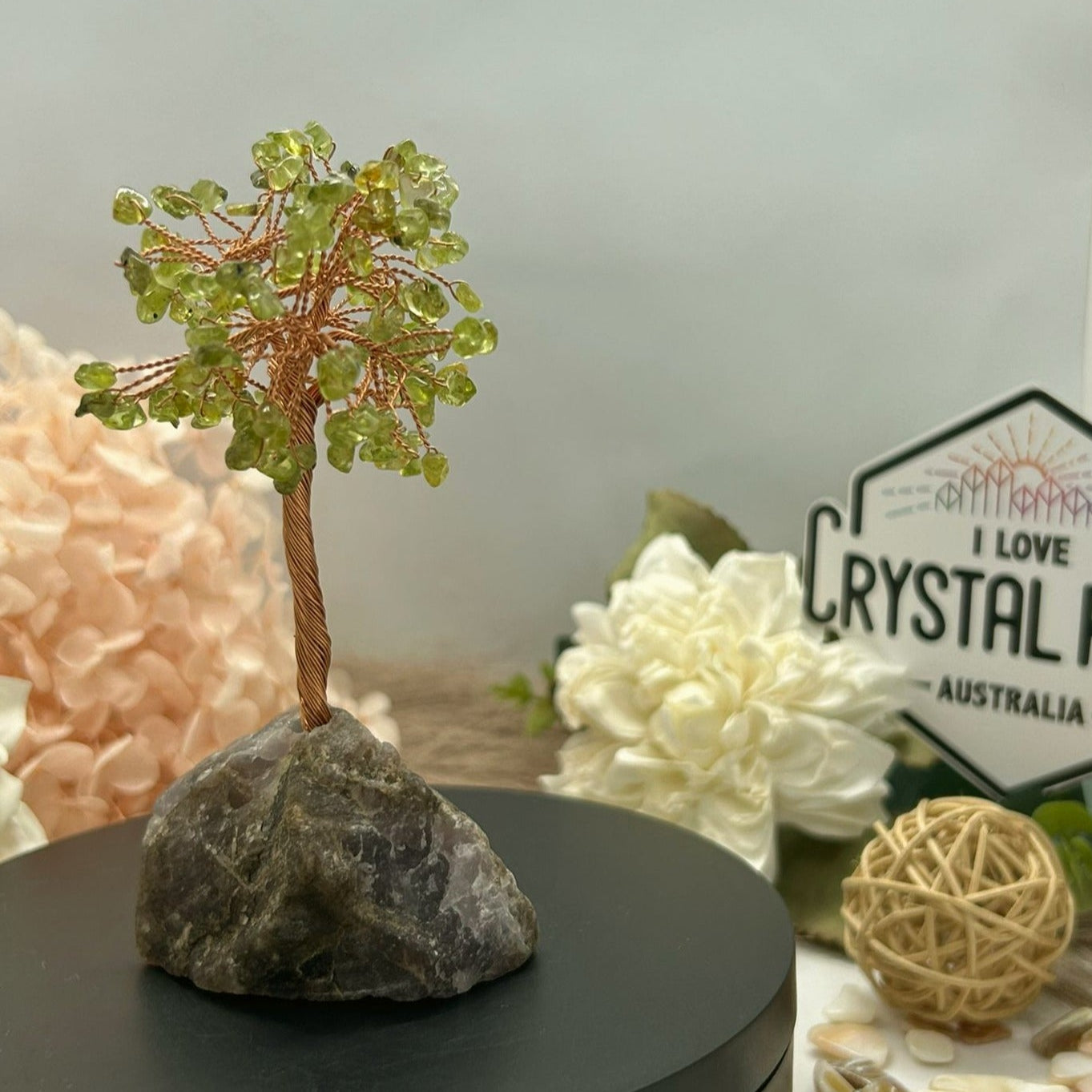 Peridot chip tree + Raw Amethyst base