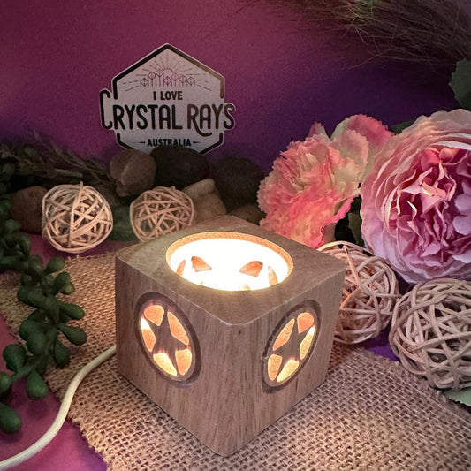 White LED Sphere stand ~ Wooden Cube pentagram cutout