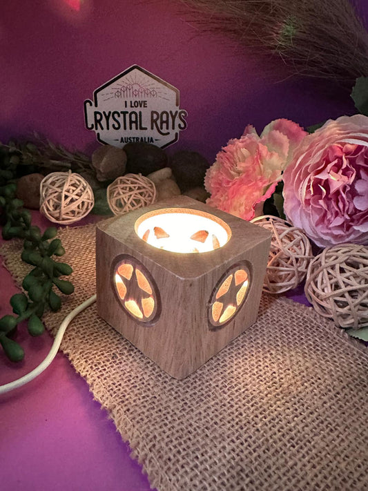 White LED Sphere stand ~ Wooden Cube pentagram cutout