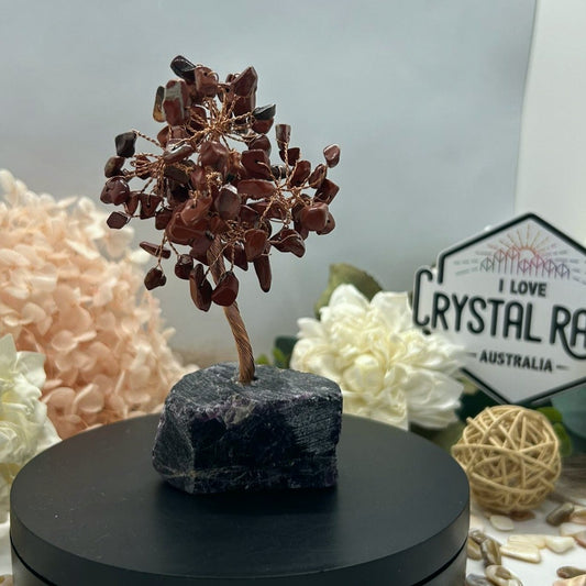 Red Jasper chip Tree + Raw Lepidolite base