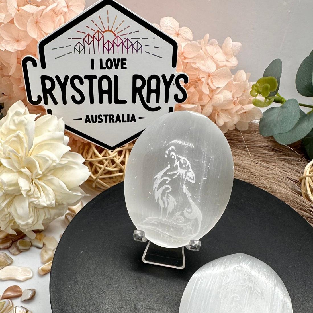 Selenite Palms with Dragon or Wolf engraving