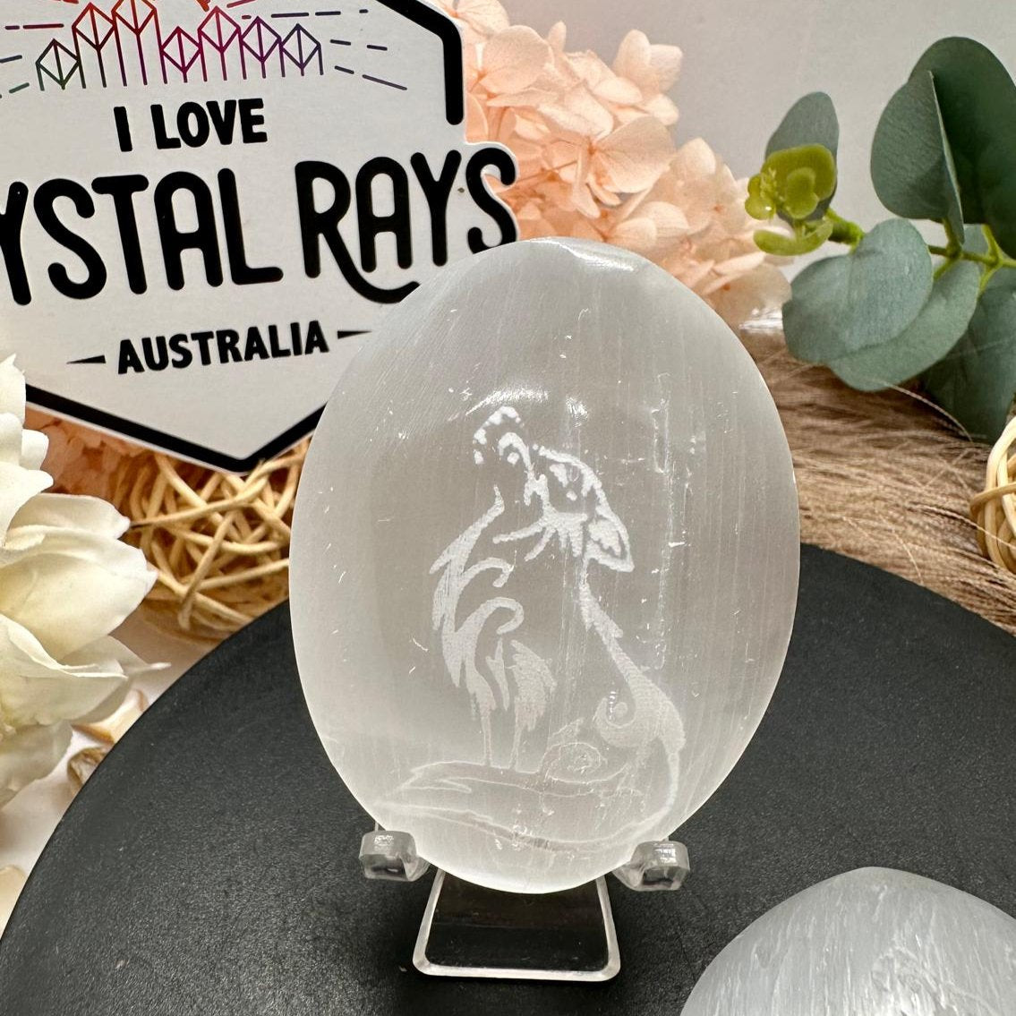 Selenite Palms with Dragon or Wolf engraving