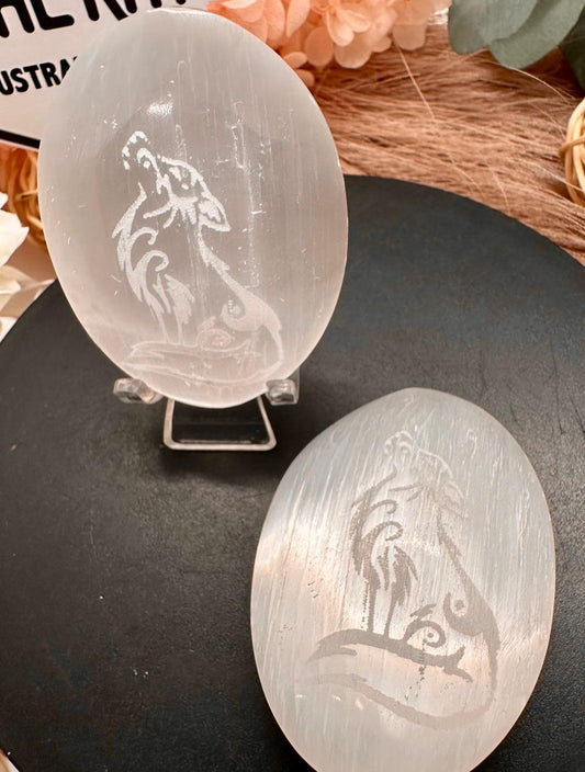 Selenite Palms with Dragon or Wolf engraving