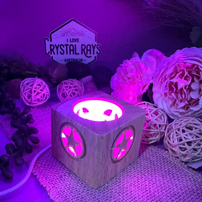 Wooden Cube sphere stand with a pentagram cutout - colour changing