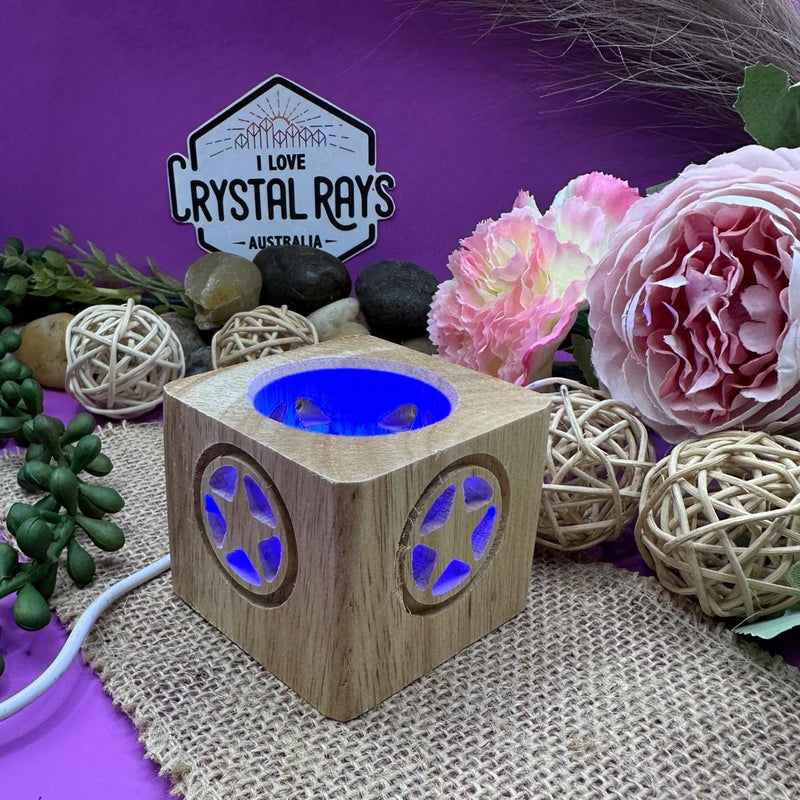 Wooden Cube sphere stand with a pentagram cutout - colour changing