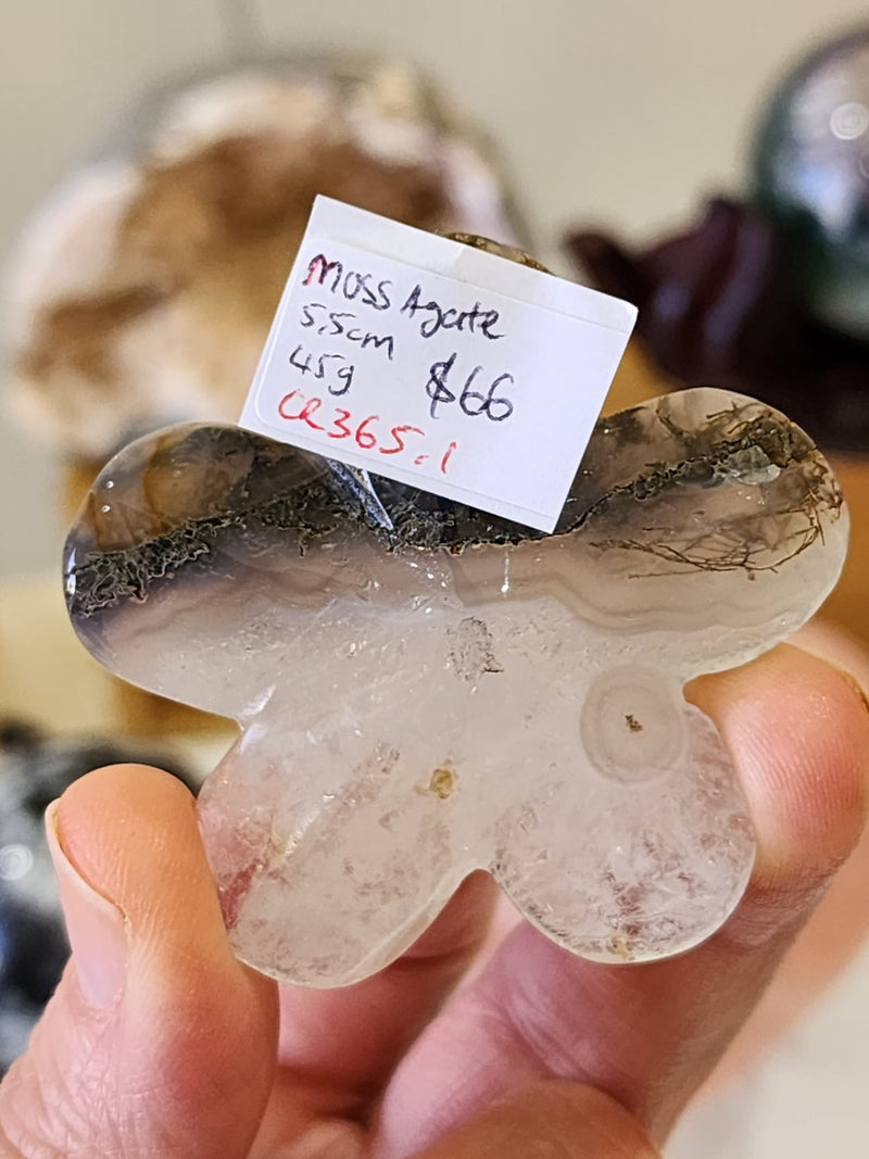 Moss Agate Flower with Clear Quartz Facet Sphere