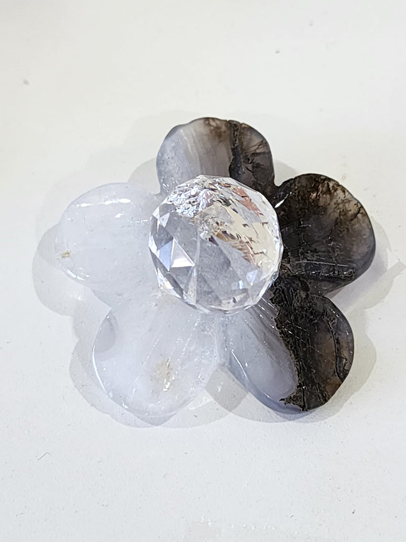 Moss Agate Flower with Clear Quartz Facet Sphere