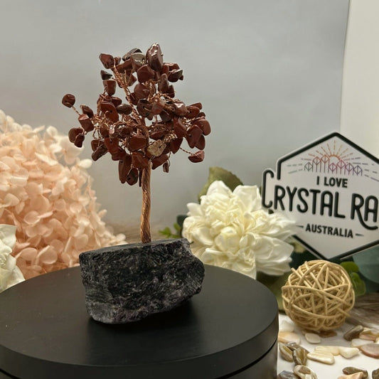Red Jasper Tree + Raw Lepidolite base 150g