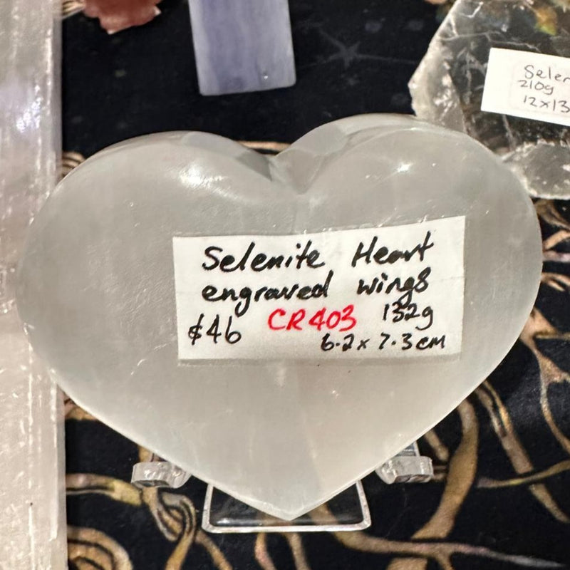 Selenite Engraved Heart ~ Wings