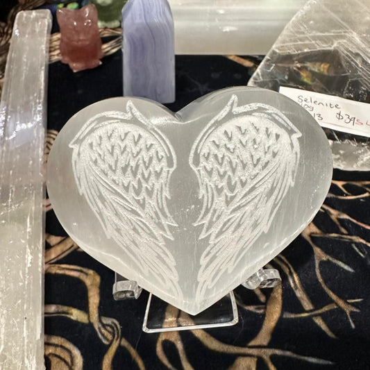 Selenite Engraved Heart Wings 133g