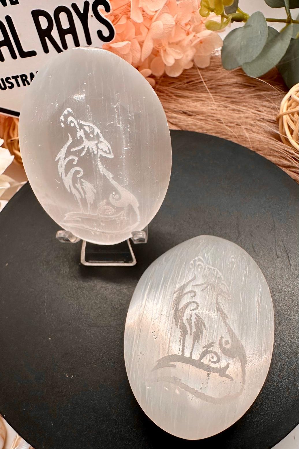 Selenite Palms with Dragon or Wolf engraving
